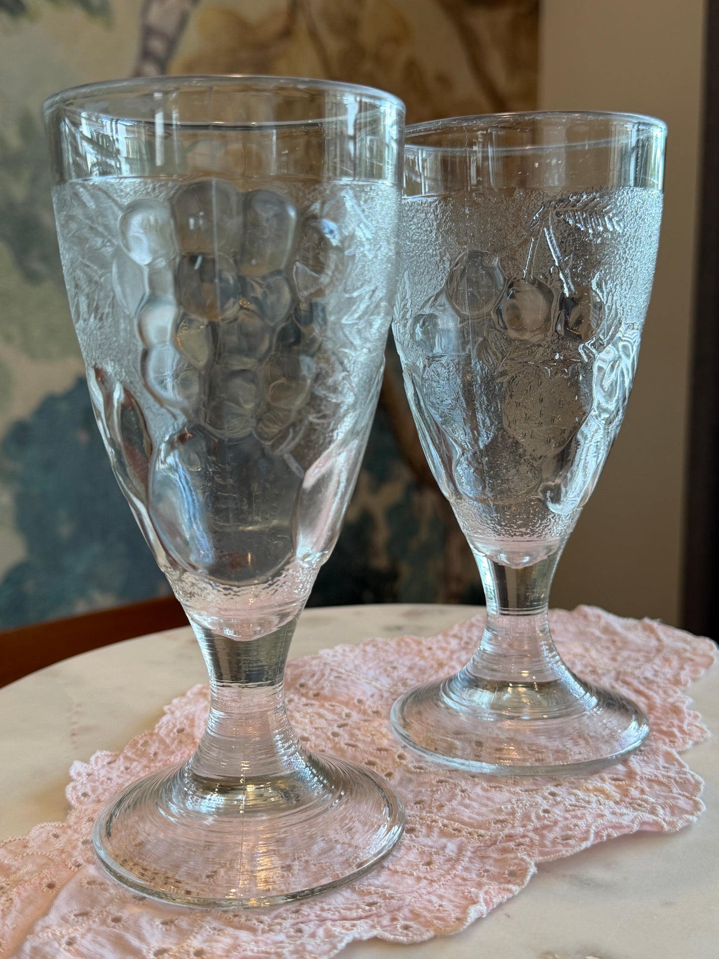 Set of 2 Vintage Pottery Barn “Orchard” Pressed Glass Fruit Footed 8 oz Goblets | Arcoroc France