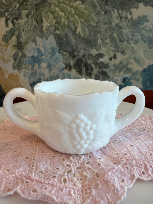 Vintage Milk Glass Grape and Vine Open Sugar Bowl with Scalloped Rim