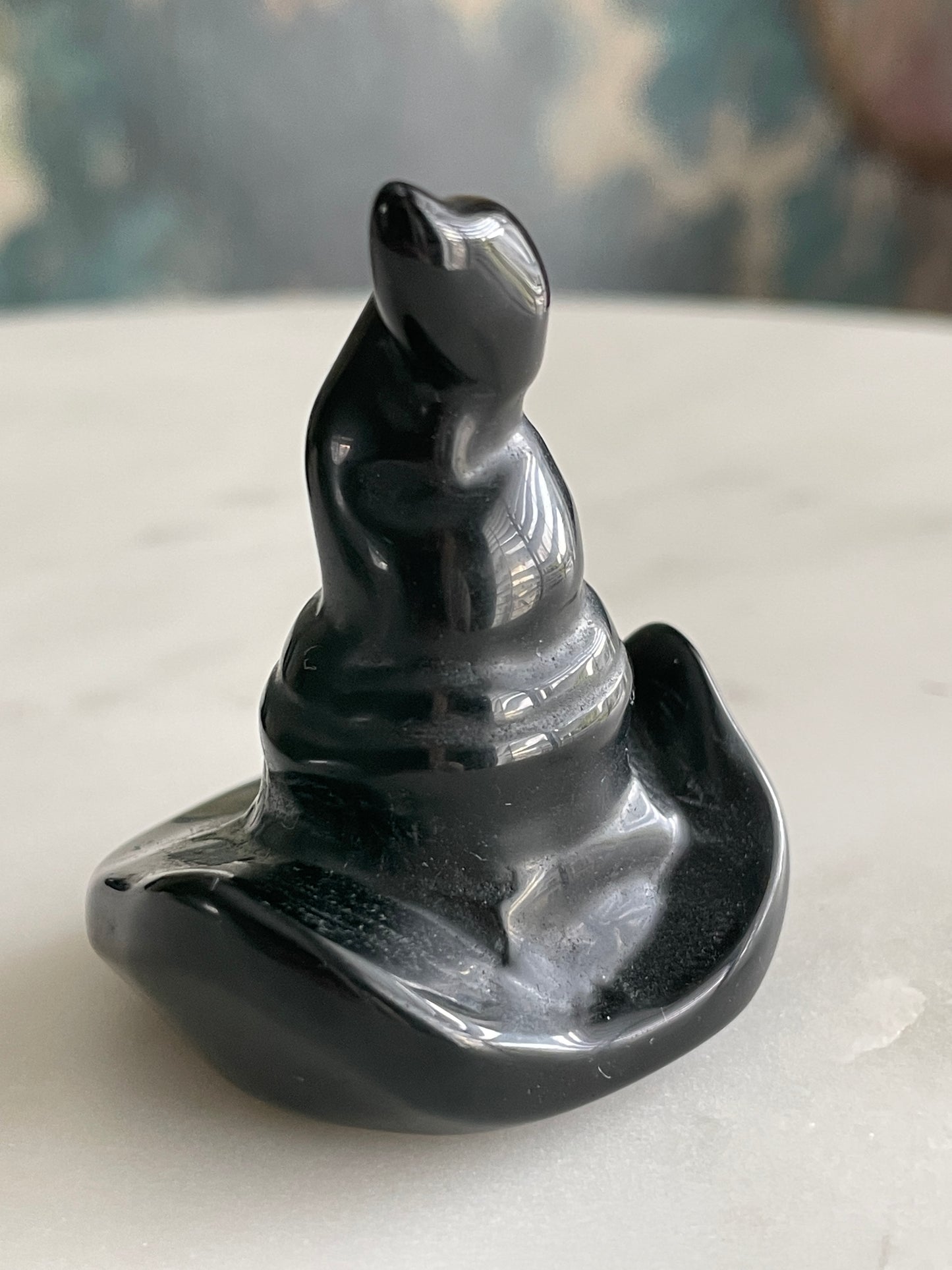 Black obsidian witch hat crystal carving black witches hat polished natural Halloween decor spooky gift wizard carving obsidian crystal display