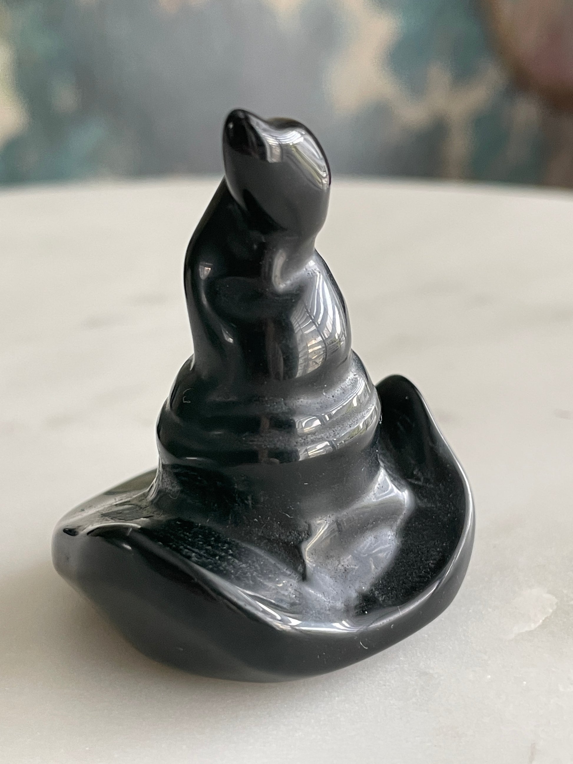 Black obsidian witch hat crystal carving black witches hat polished natural Halloween decor spooky gift wizard carving obsidian crystal display