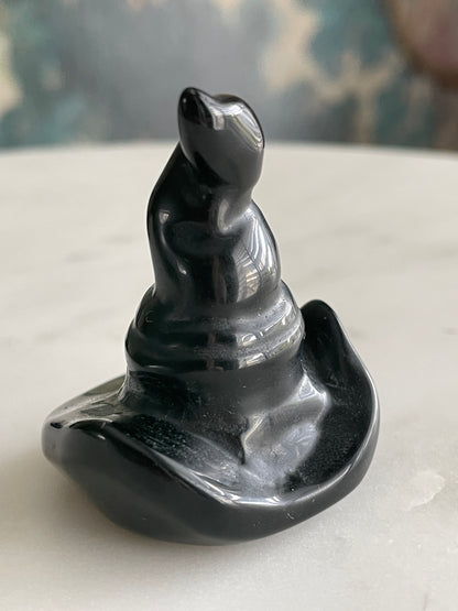 Black obsidian witch hat crystal carving black witches hat polished natural Halloween decor spooky gift wizard carving obsidian crystal display