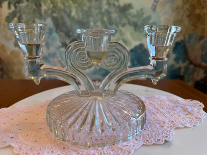 Jeanette Glass Cosmos Clear Glass Art Deco Triple Candlestick Holder