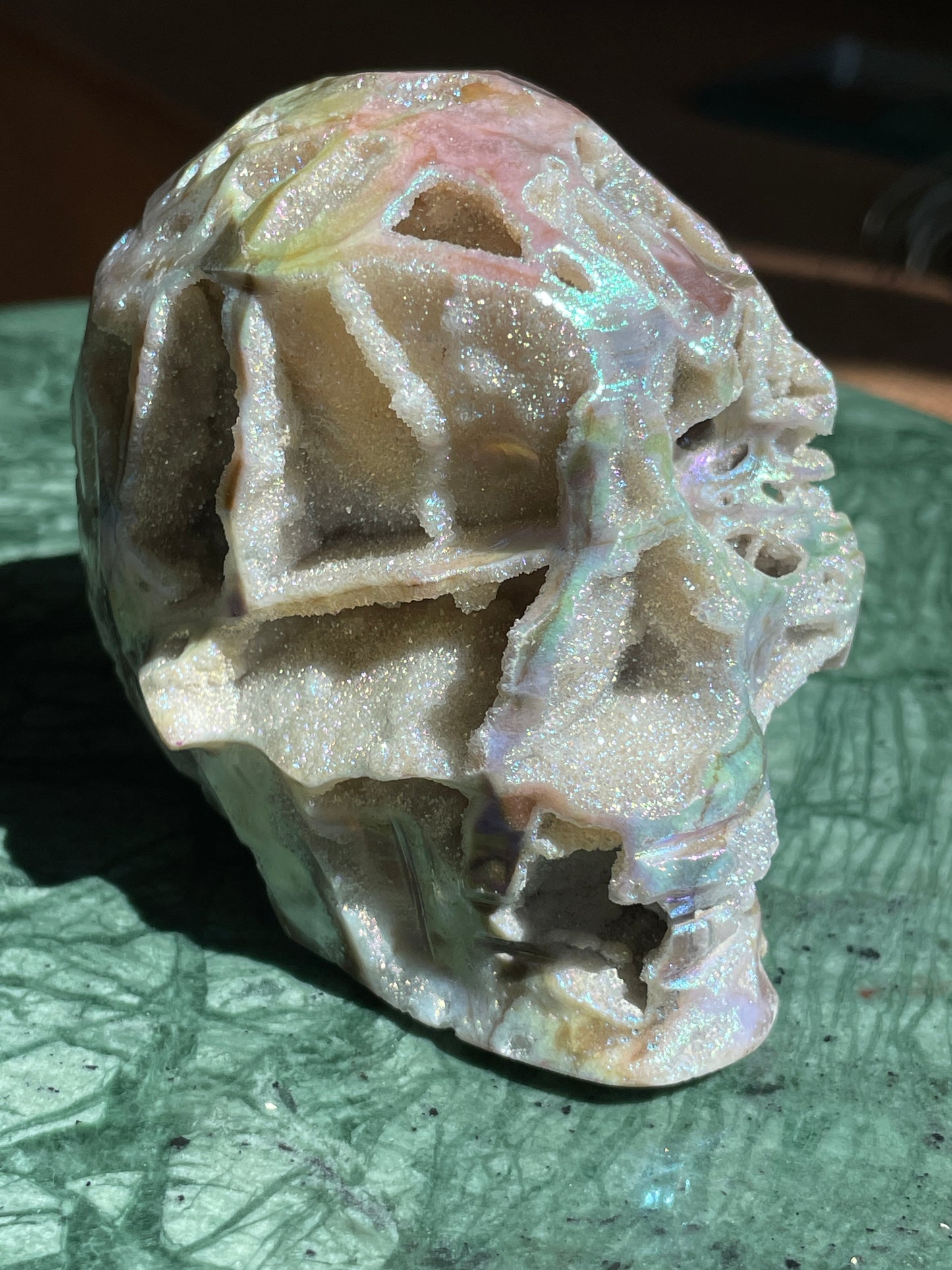 Aura Sphalerite Crystal Skull With Druzy and Rainbows