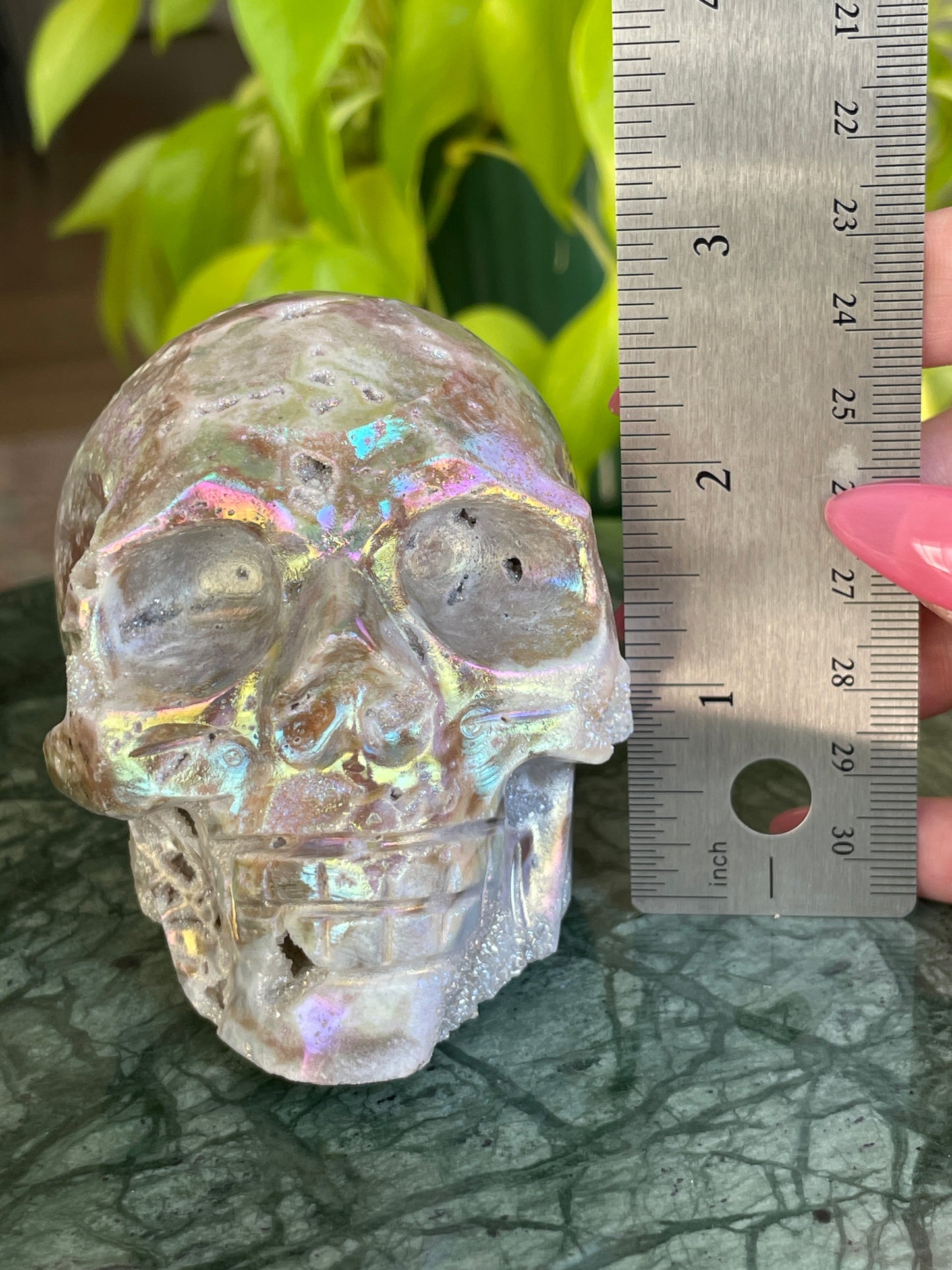 Aura Sphalerite Crystal Skull With Druzy and Rainbows