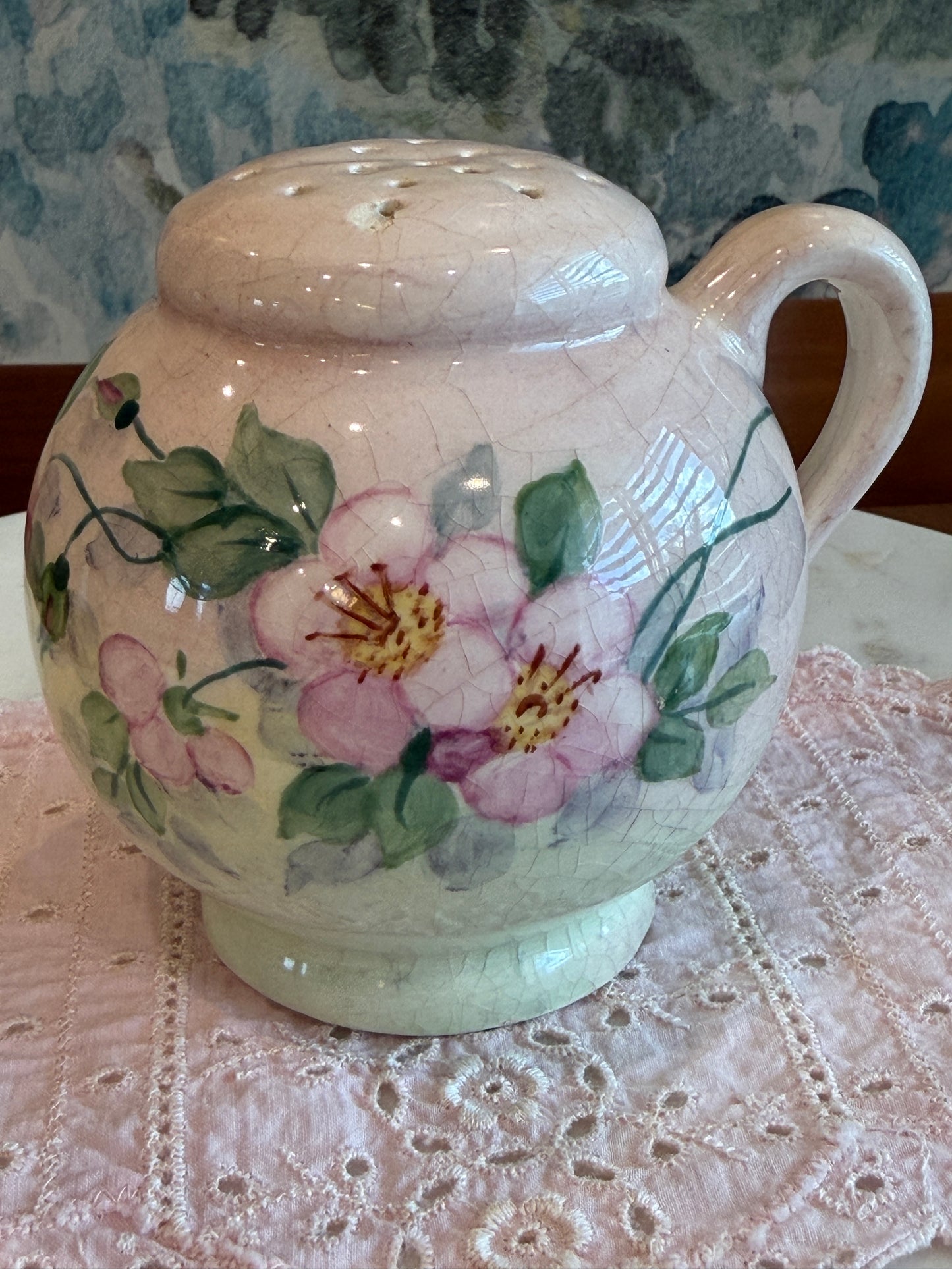 Antique Hand-Painted Porcelain Floral Shaker with Cork Stopper