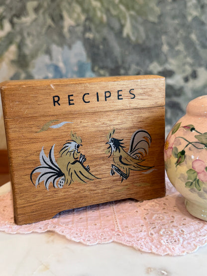 Vintage Wooden Recipe Box with Hand-Painted Roosters | Made in Japan | 1960s