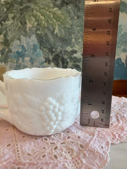 Vintage Milk Glass Grape and Vine Open Sugar Bowl with Scalloped Rim