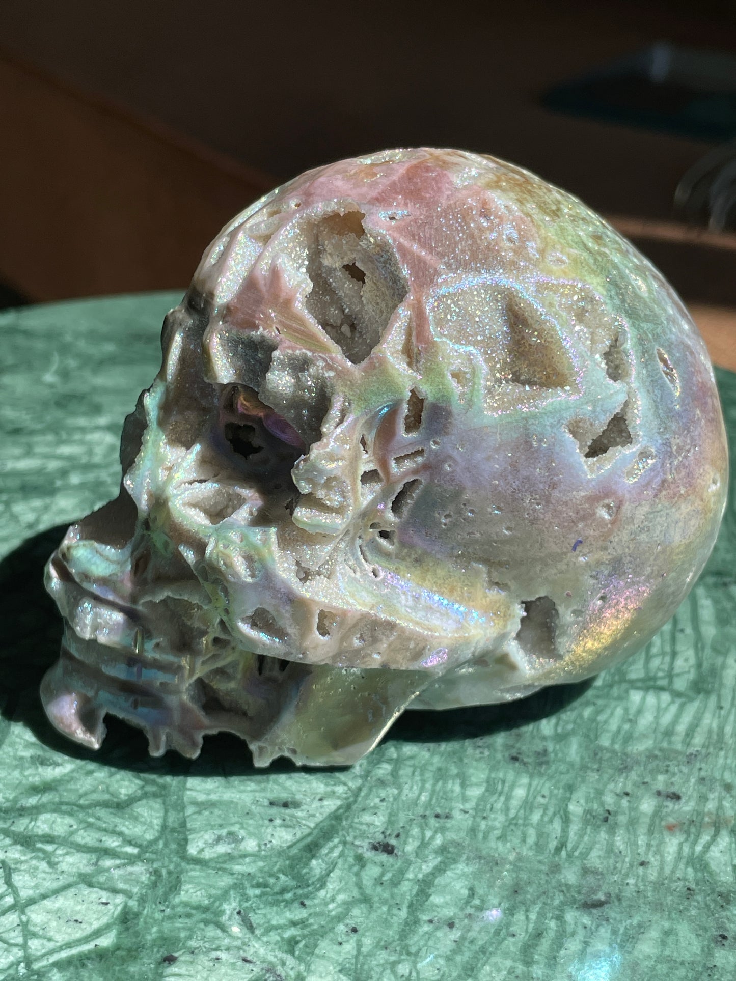 Aura Sphalerite Crystal Skull With Druzy and Rainbows