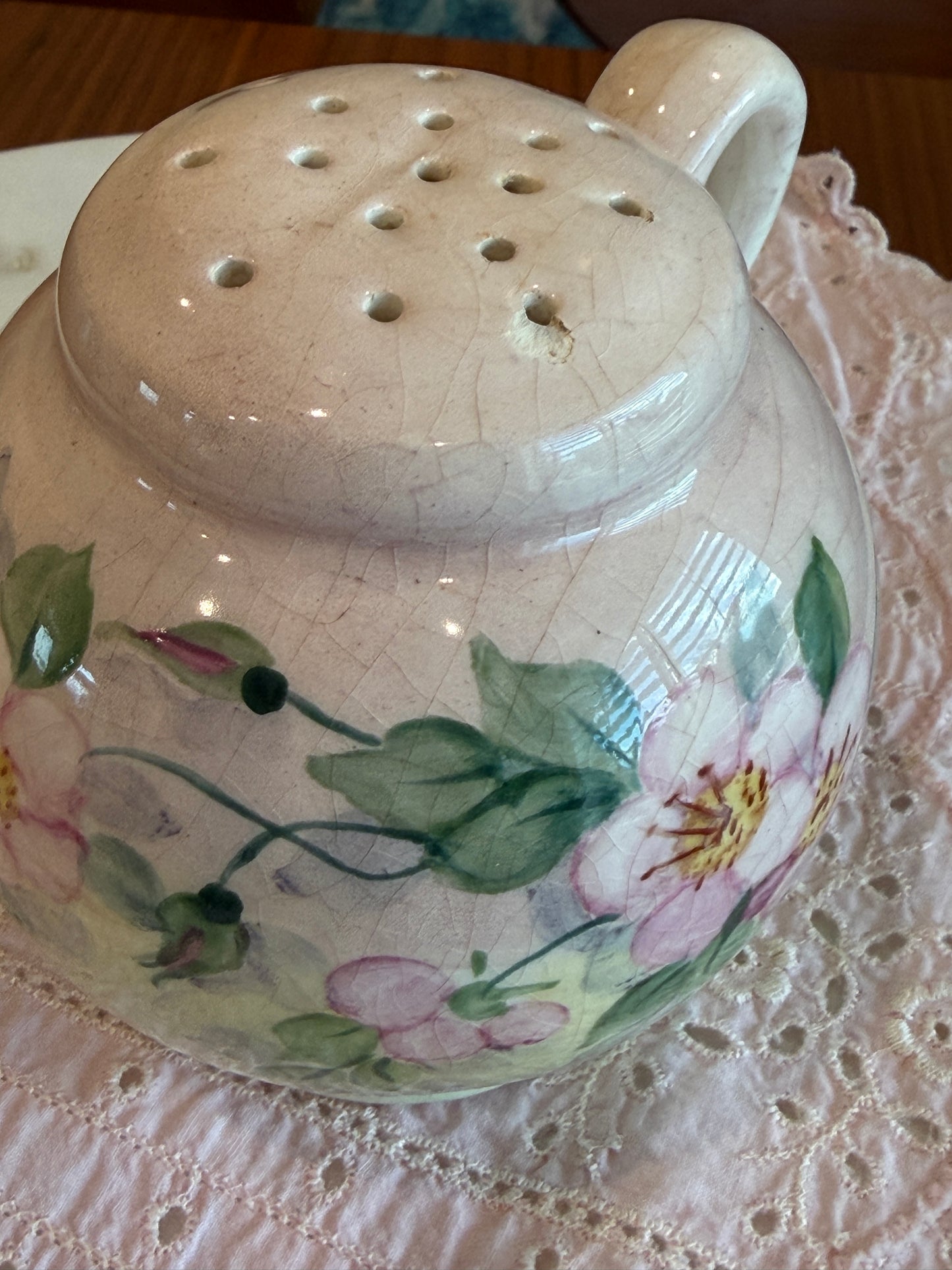 Antique Hand-Painted Porcelain Floral Shaker with Cork Stopper