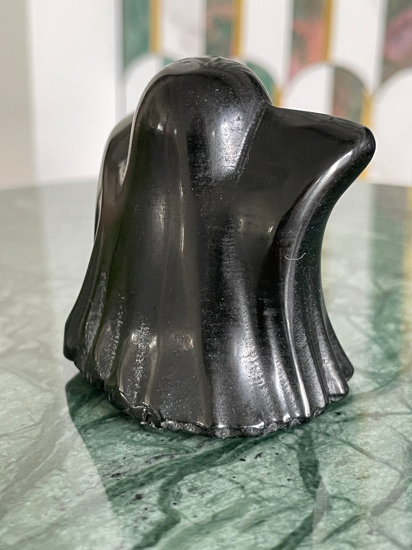 Black obsidian ghost carving crystal halloween decor spooky season gift for witch 2 inch altar piece dia de los muertos ofrenda ghost figurine black polished crystal carving