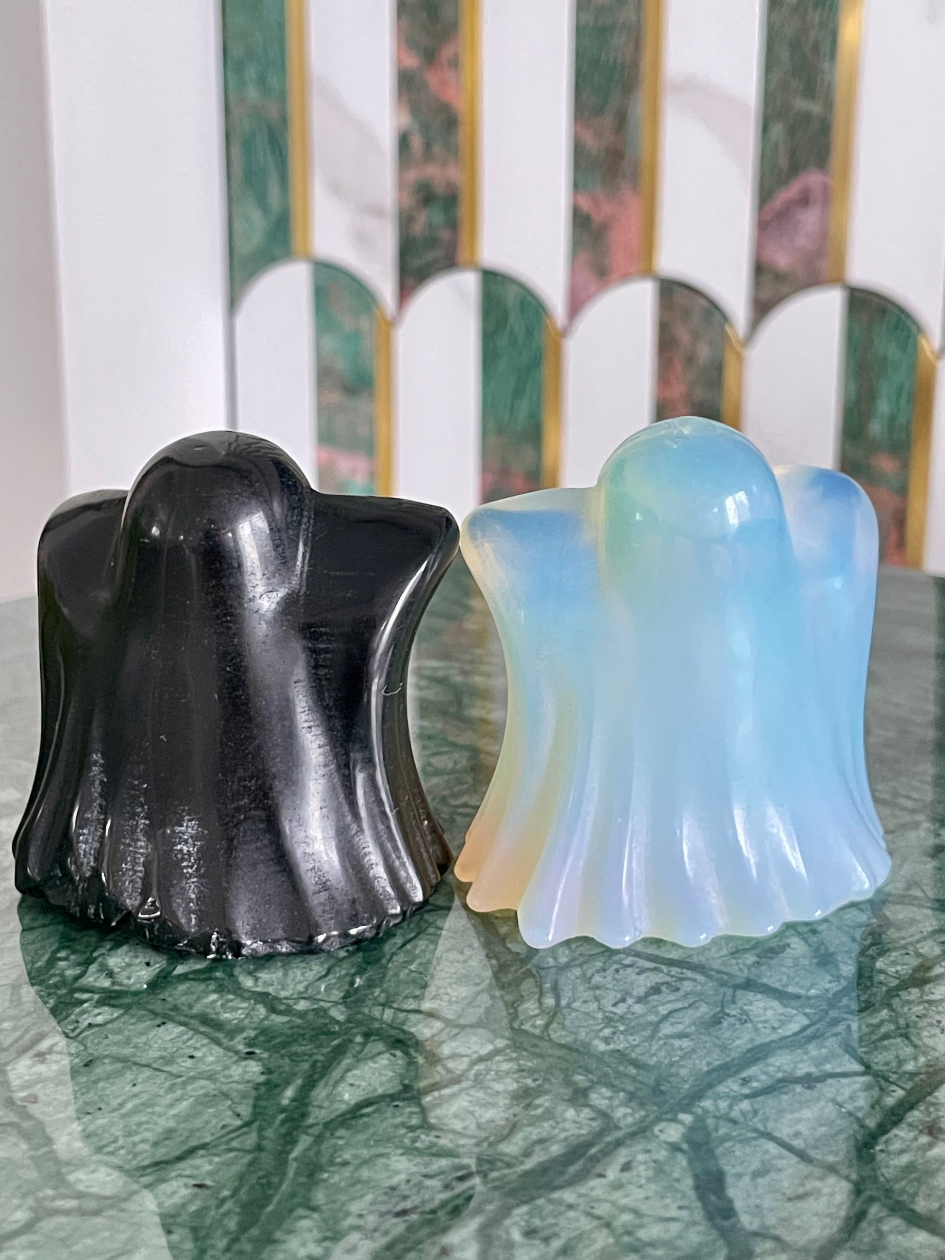 Opalite ghost carving crystal halloween decor spooky season gift for witch 2 inch altar piece dia de los muertos ofrenda ghost figurine polished crystal carving