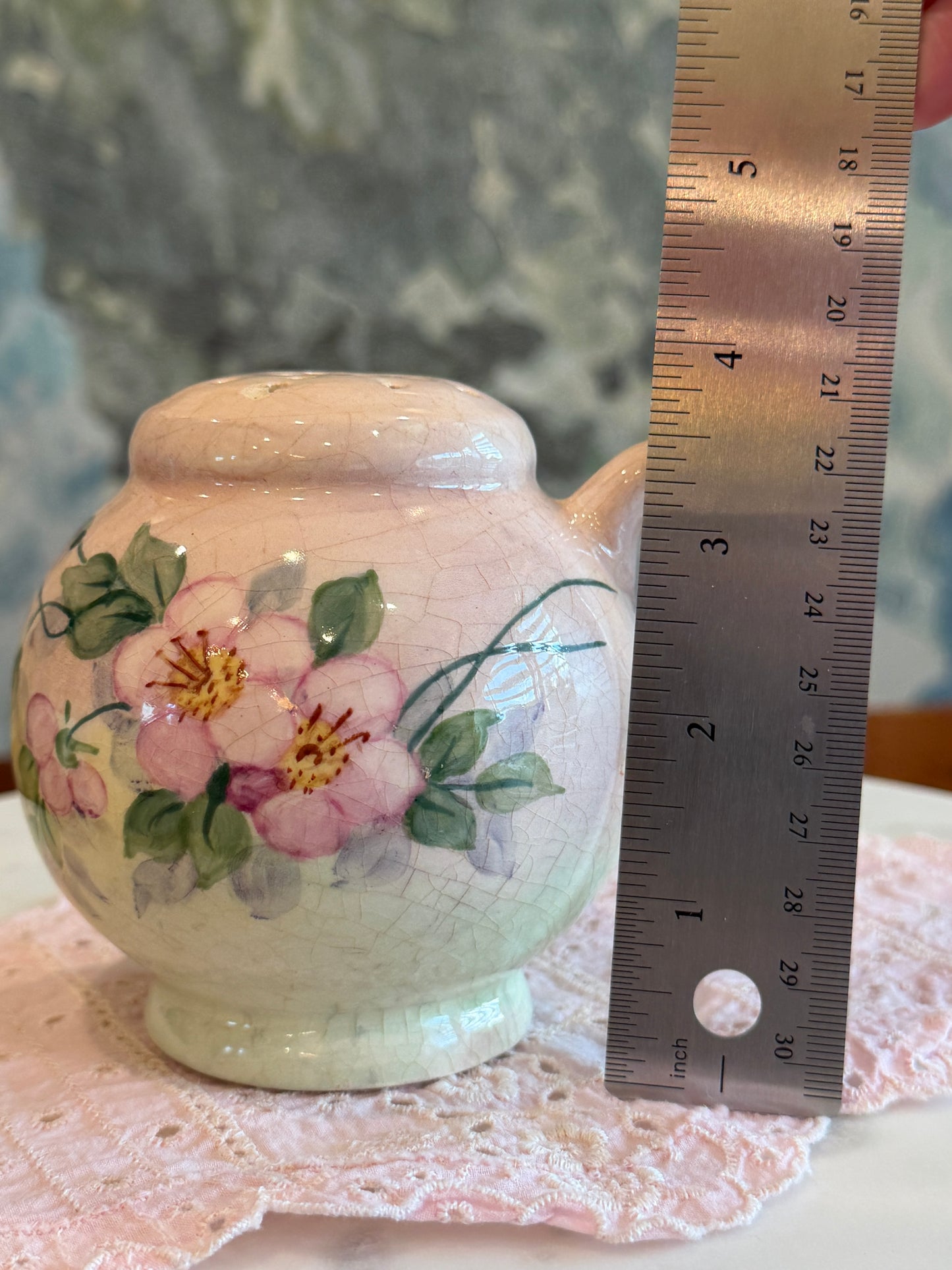 Antique Hand-Painted Porcelain Floral Shaker with Cork Stopper