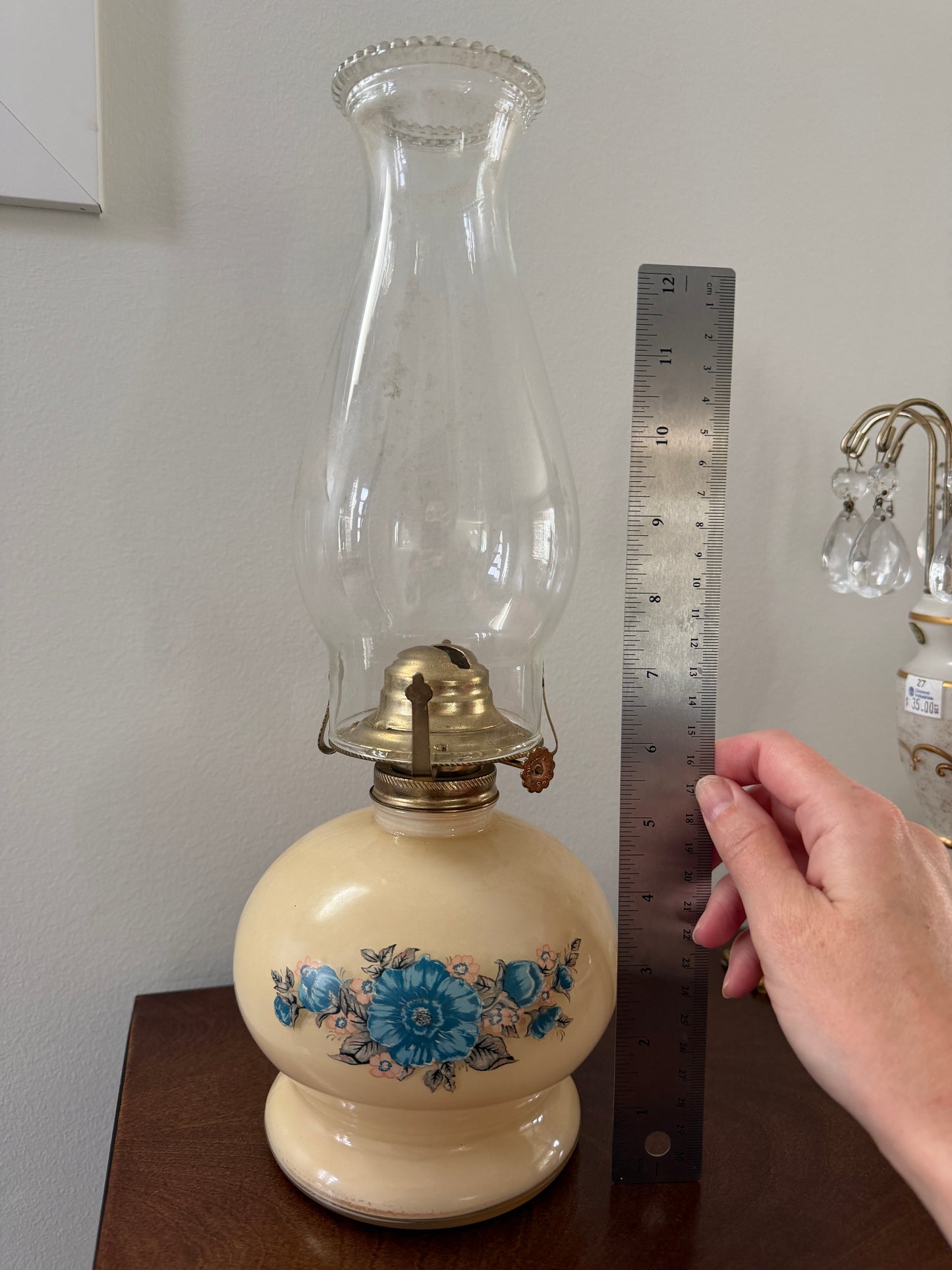 Vintage Lamplight Farms Victoria Rose Oil Lamp | Ivory Glass with Blue Floral Design | Made in USA