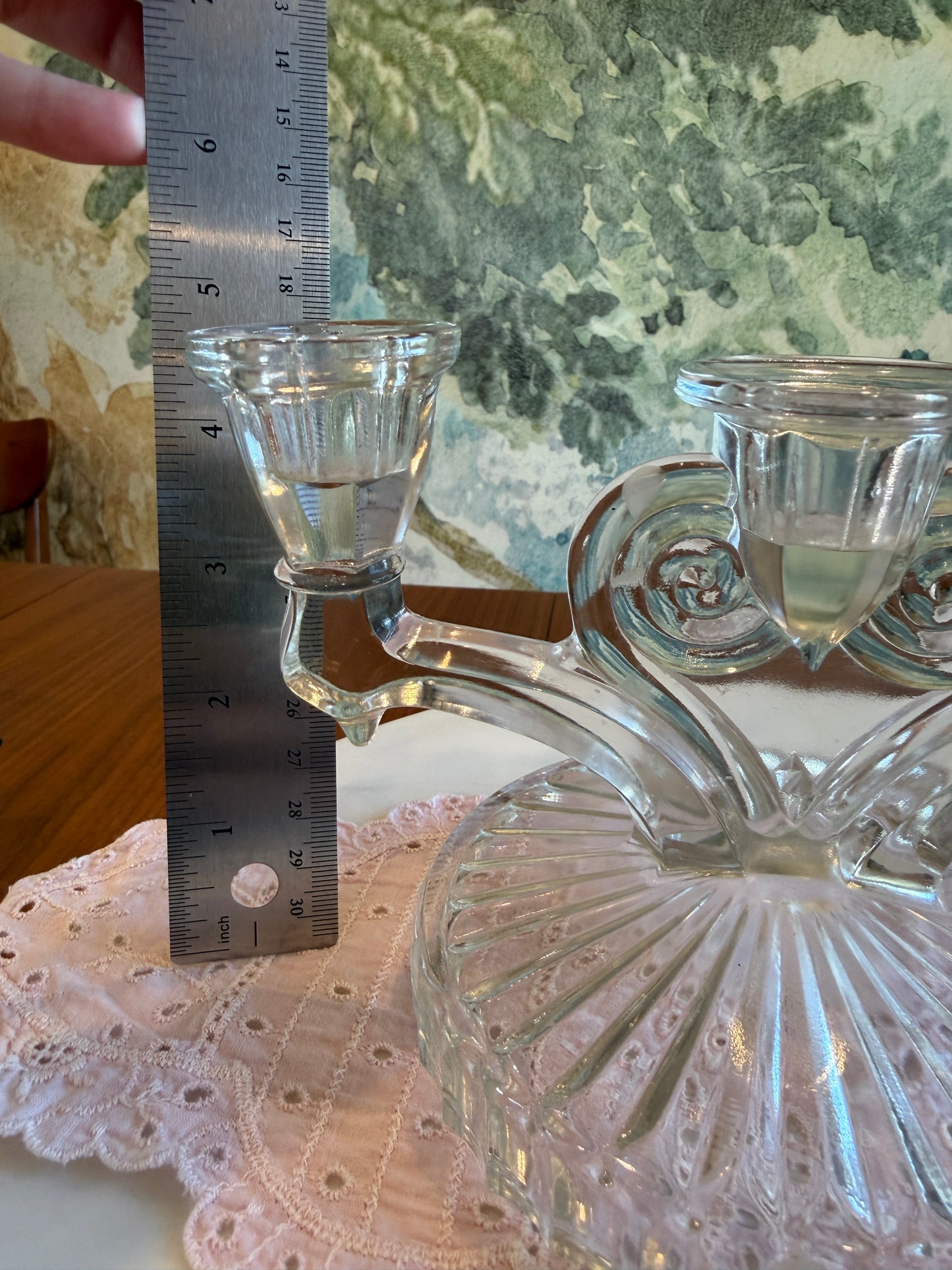 Jeanette Glass Cosmos Clear Glass Art Deco Triple Candlestick Holder