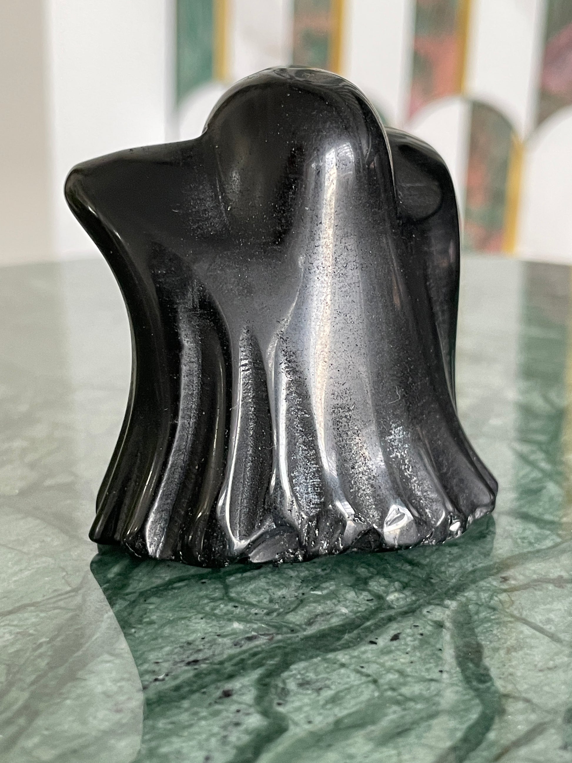 Black obsidian ghost carving crystal halloween decor spooky season gift for witch 2 inch altar piece dia de los muertos ofrenda ghost figurine black polished crystal carving