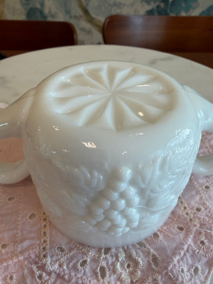 Vintage Milk Glass Grape and Vine Open Sugar Bowl with Scalloped Rim