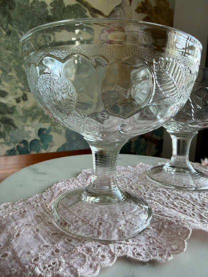 Set of 2 Vintage Pottery Barn “Orchard” Pressed Glass Fruit Footed Dessert Bowls | Arcoroc France