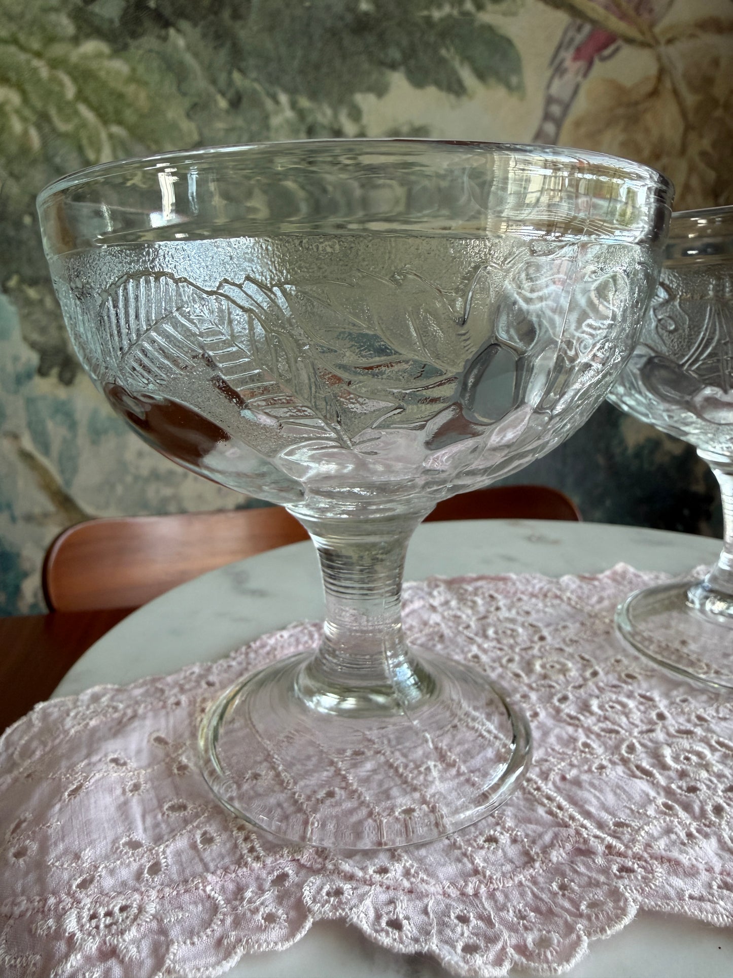Set of 2 Vintage Pottery Barn “Orchard” Pressed Glass Fruit Footed Dessert Bowls | Arcoroc France