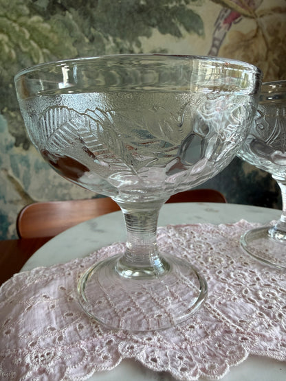 Set of 2 Vintage Pottery Barn “Orchard” Pressed Glass Fruit Footed Dessert Bowls | Arcoroc France