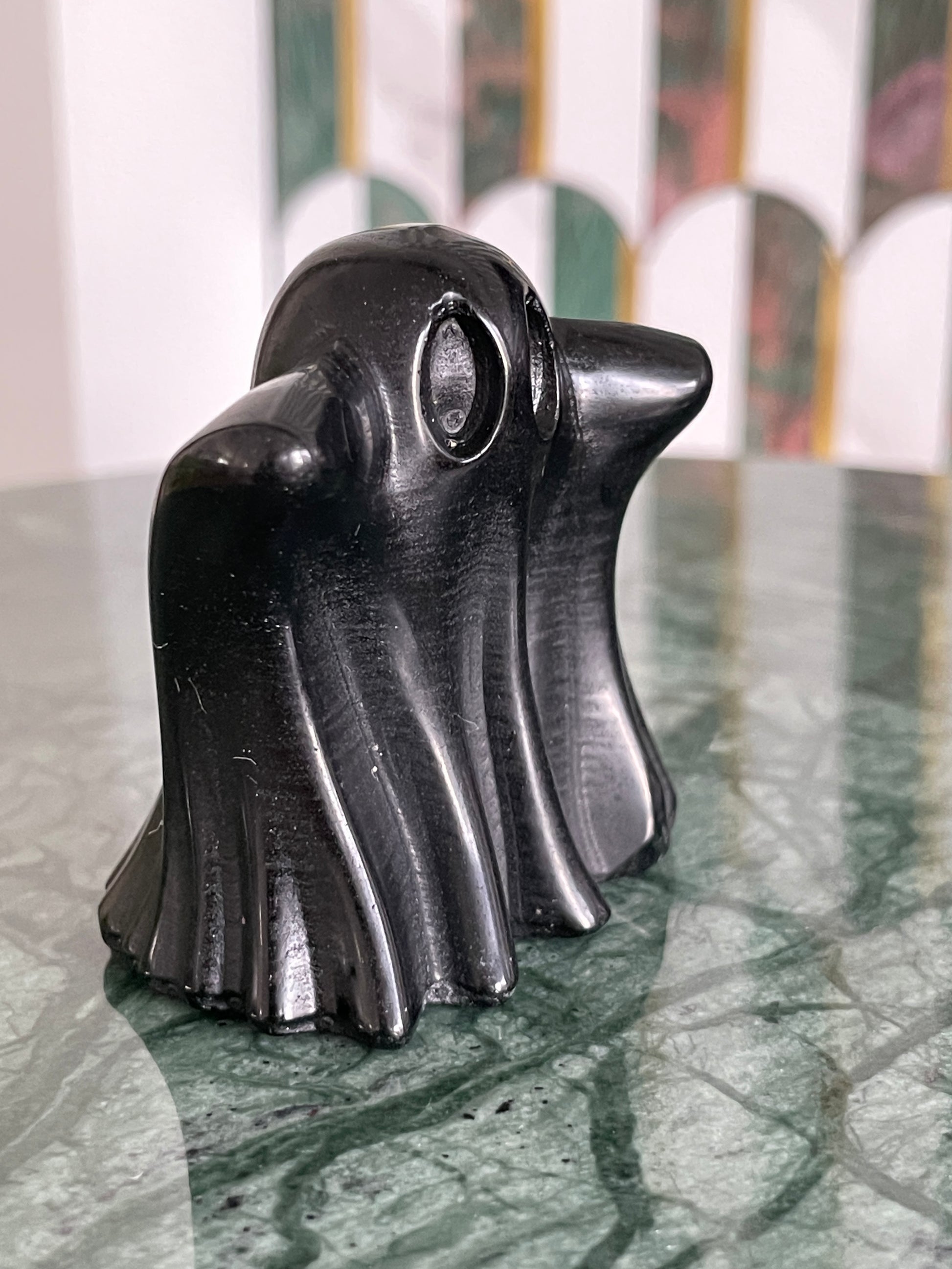 Black obsidian ghost carving crystal halloween decor spooky season gift for witch 2 inch altar piece dia de los muertos ofrenda ghost figurine black polished crystal carving