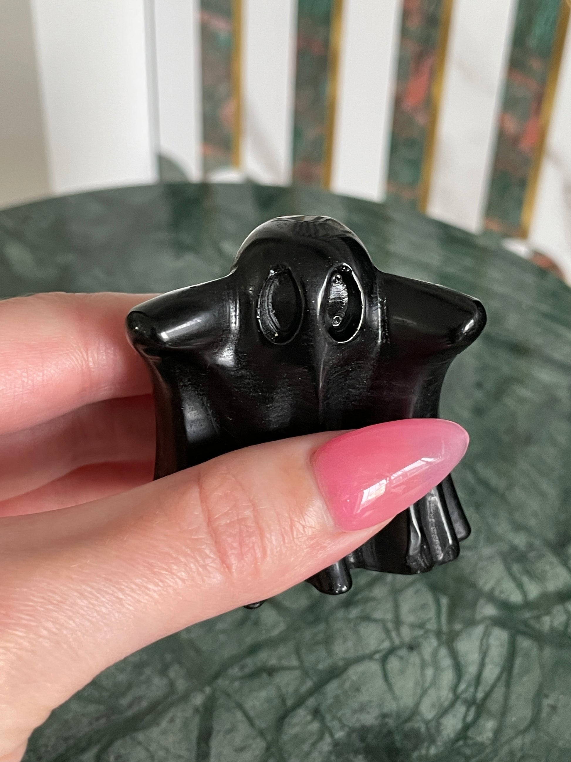 Black obsidian ghost carving crystal halloween decor spooky season gift for witch 2 inch altar piece dia de los muertos ofrenda ghost figurine black polished crystal carving