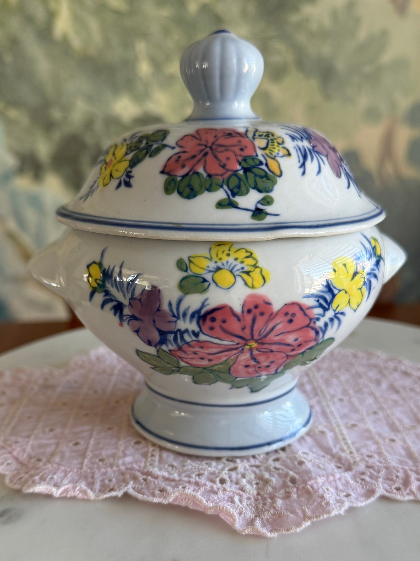 Vintage Hand Painted Porcelain Floral Footed Sugar Bowl with Lid