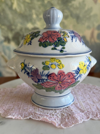 Vintage Hand Painted Porcelain Floral Footed Sugar Bowl with Lid