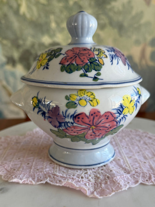 Vintage Hand Painted Porcelain Floral Footed Sugar Bowl with Lid