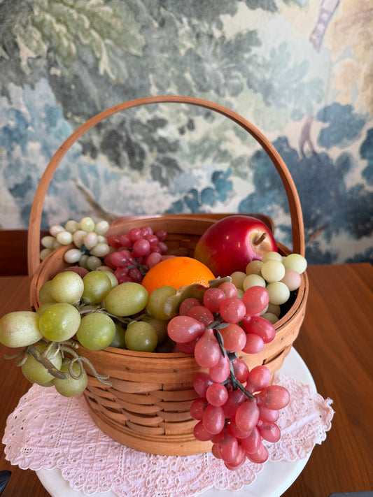 Vintage Longaberger-Style Woven Fruit Basket with Swing Handle & Faux Fruit | Country Kitchen Decor