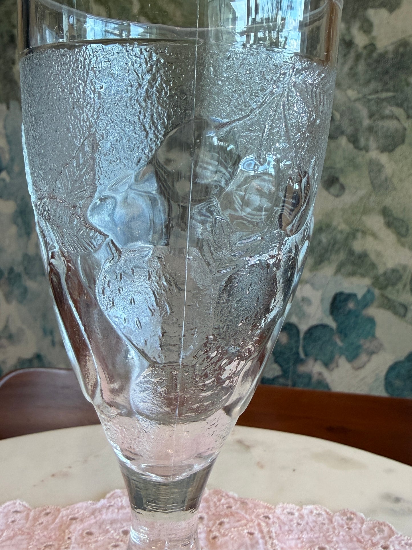 Set of 2 Vintage Pottery Barn “Orchard” Pressed Glass Fruit Footed 8 oz Goblets | Arcoroc France