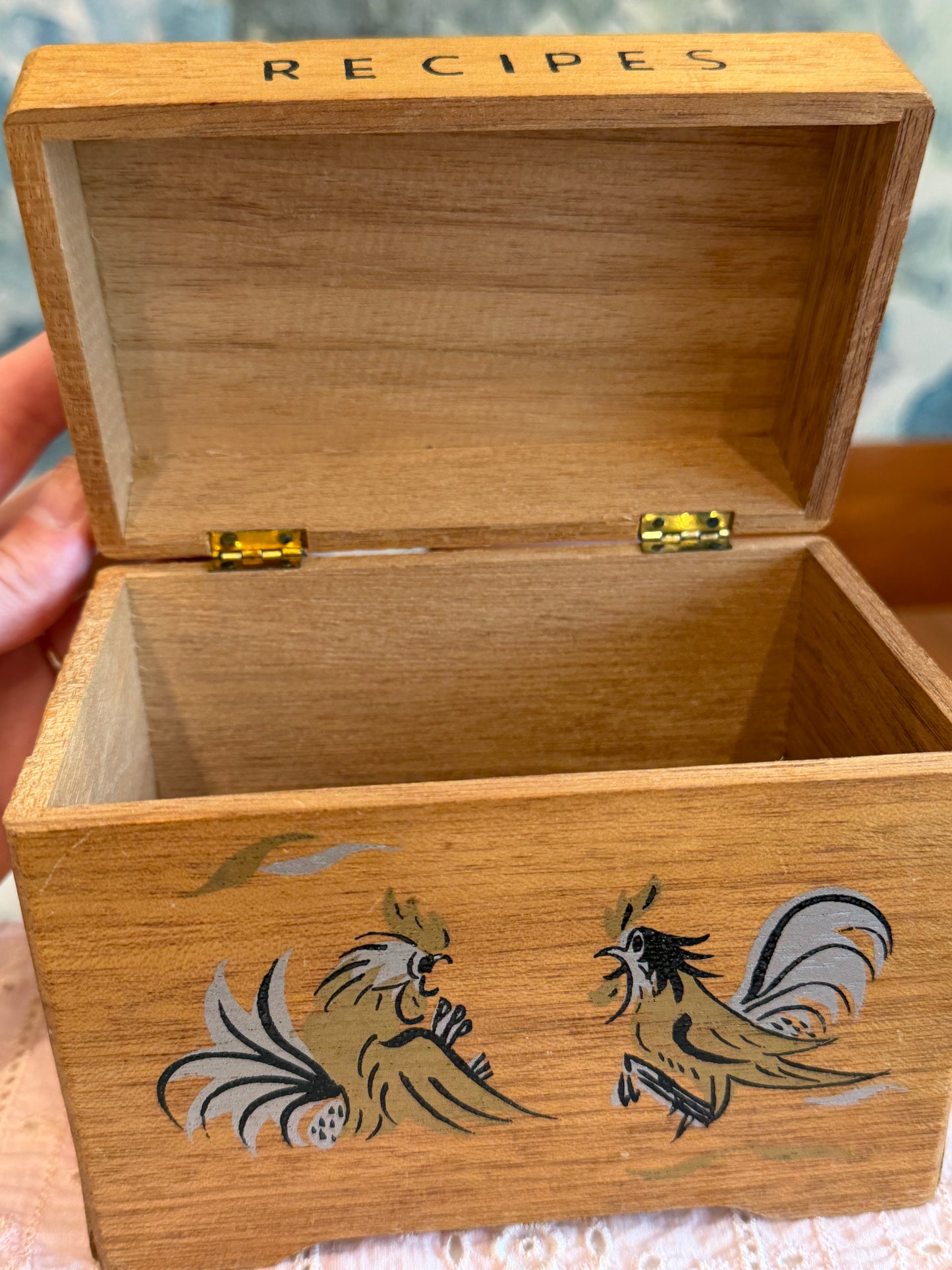 Vintage Wooden Recipe Box with Hand-Painted Roosters | Made in Japan | 1960s
