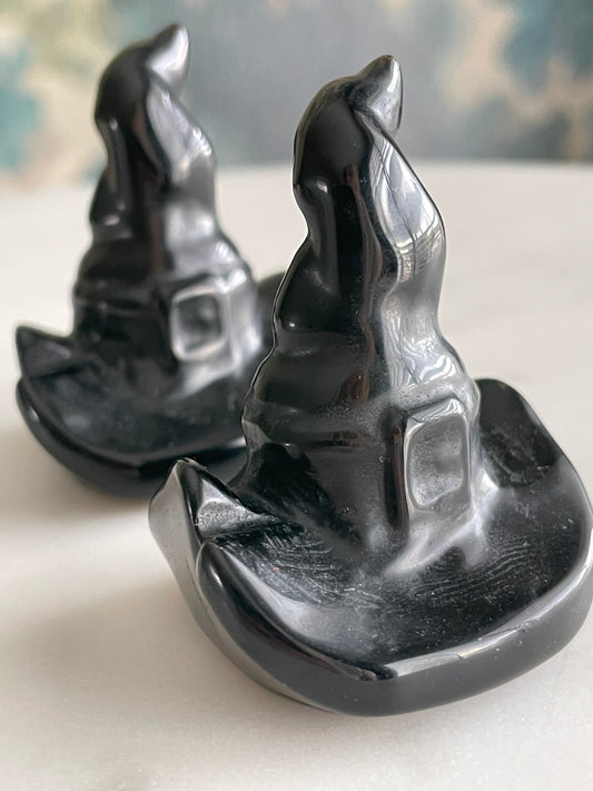 Black obsidian witch hat crystal carving black witches hat polished natural Halloween decor spooky gift wizard carving obsidian crystal display