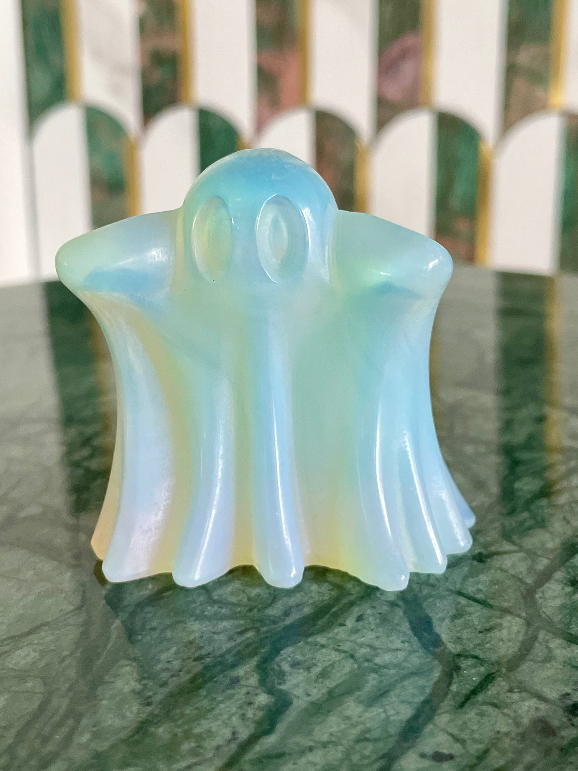 Opalite ghost carving crystal halloween decor spooky season gift for witch 2 inch altar piece dia de los muertos ofrenda ghost figurine polished crystal carving