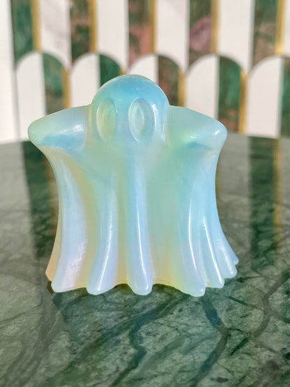 Opalite ghost carving crystal halloween decor spooky season gift for witch 2 inch altar piece dia de los muertos ofrenda ghost figurine polished crystal carving
