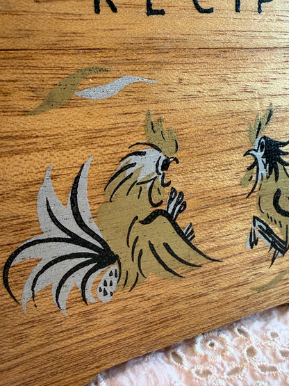 Vintage Wooden Recipe Box with Hand-Painted Roosters | Made in Japan | 1960s