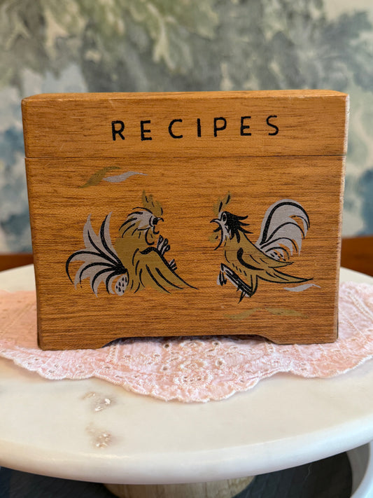 Vintage Wooden Recipe Box with Hand-Painted Roosters | Made in Japan | 1960s