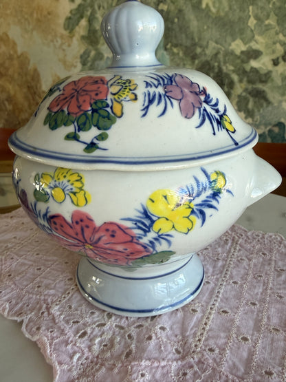Vintage Hand Painted Porcelain Floral Footed Sugar Bowl with Lid