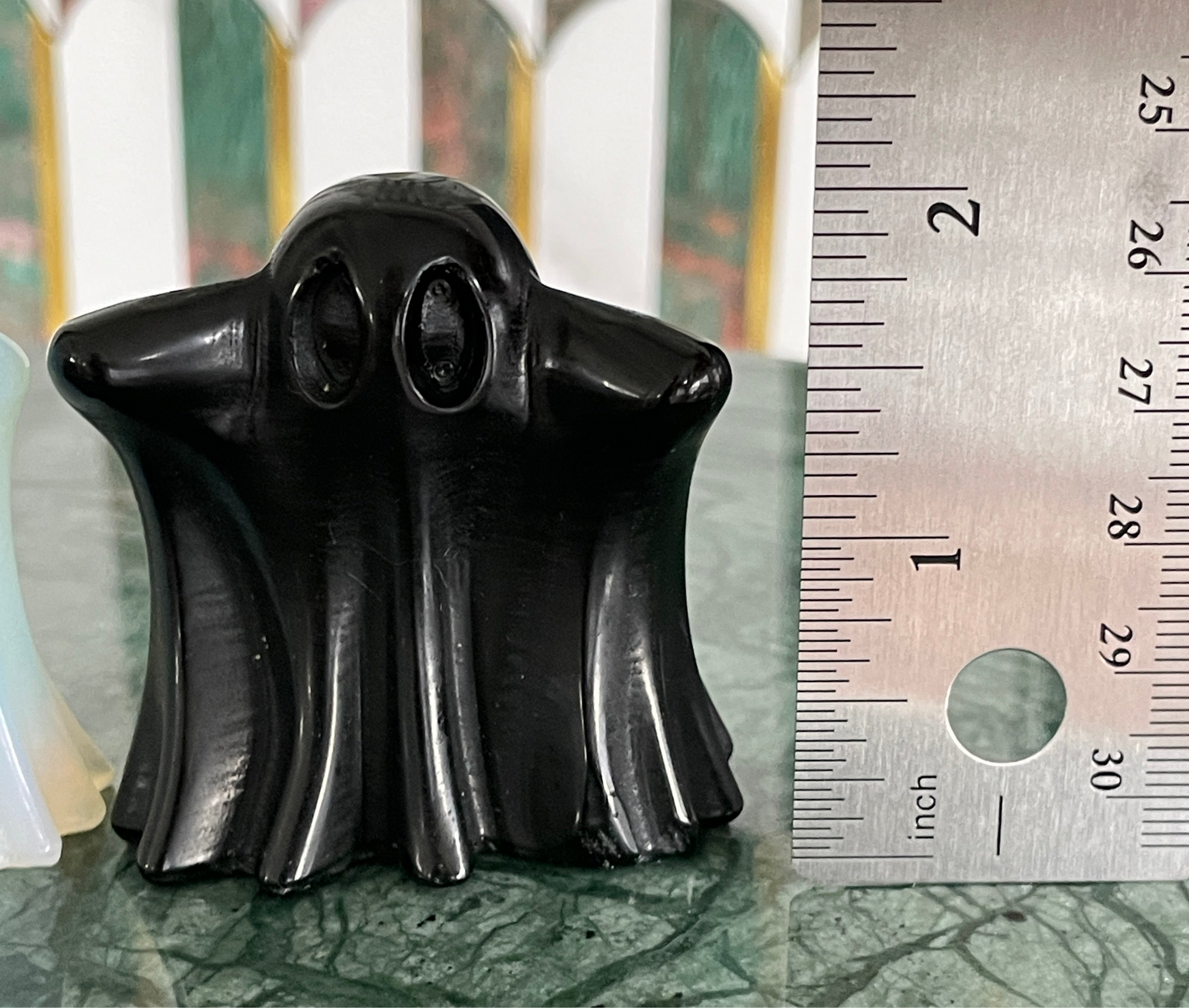 Black obsidian ghost carving crystal halloween decor spooky season gift for witch 2 inch altar piece dia de los muertos ofrenda ghost figurine black polished crystal carving