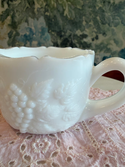 Vintage Milk Glass Grape and Vine Open Sugar Bowl with Scalloped Rim