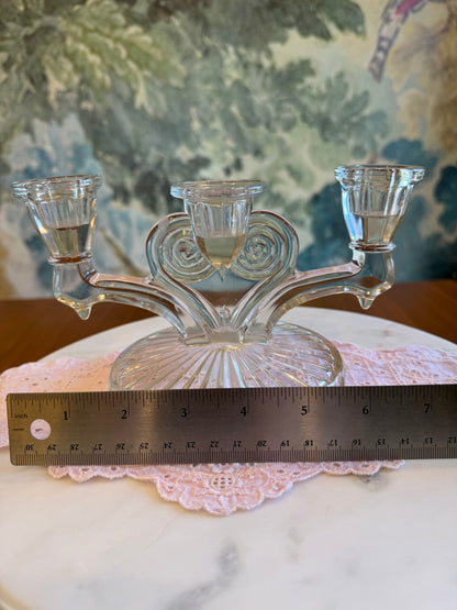 Jeanette Glass Cosmos Clear Glass Art Deco Triple Candlestick Holder