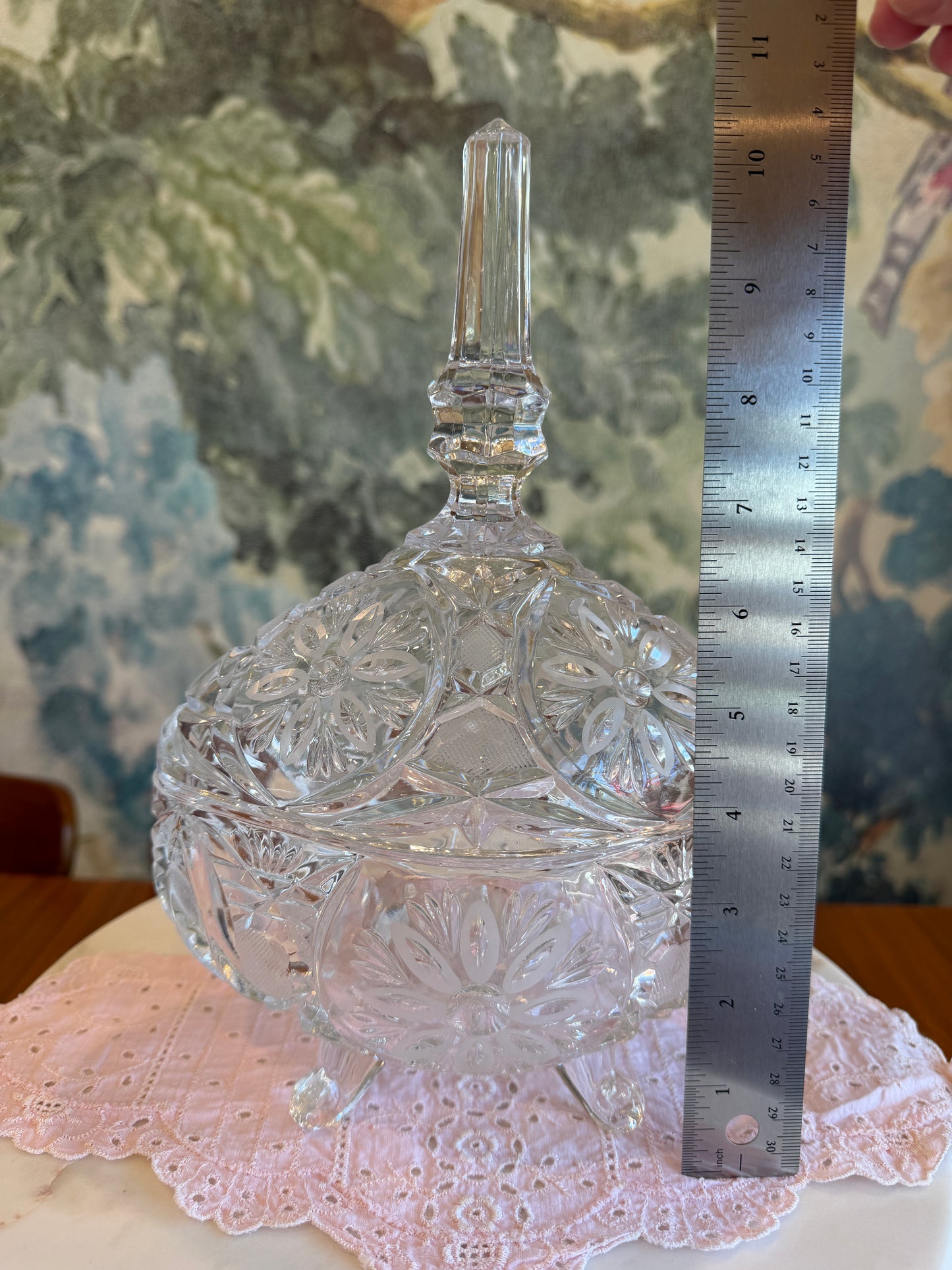 Vintage Anna Hütte Bleikristall 24% Lead Crystal Footed 10.5” Oval Candy Dish with Steeple Lid