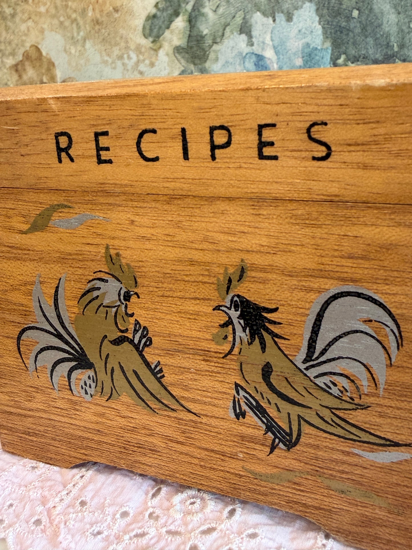 Vintage Wooden Recipe Box with Hand-Painted Roosters | Made in Japan | 1960s