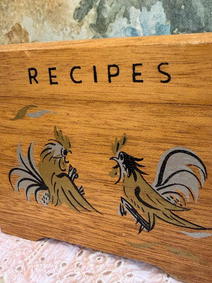 Vintage Wooden Recipe Box with Hand-Painted Roosters | Made in Japan | 1960s