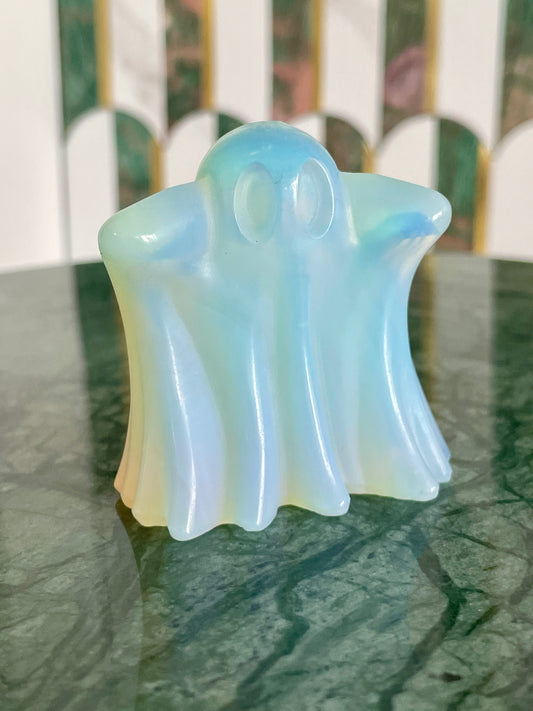 Opalite ghost carving crystal halloween decor spooky season gift for witch 2 inch altar piece dia de los muertos ofrenda ghost figurine polished crystal carving