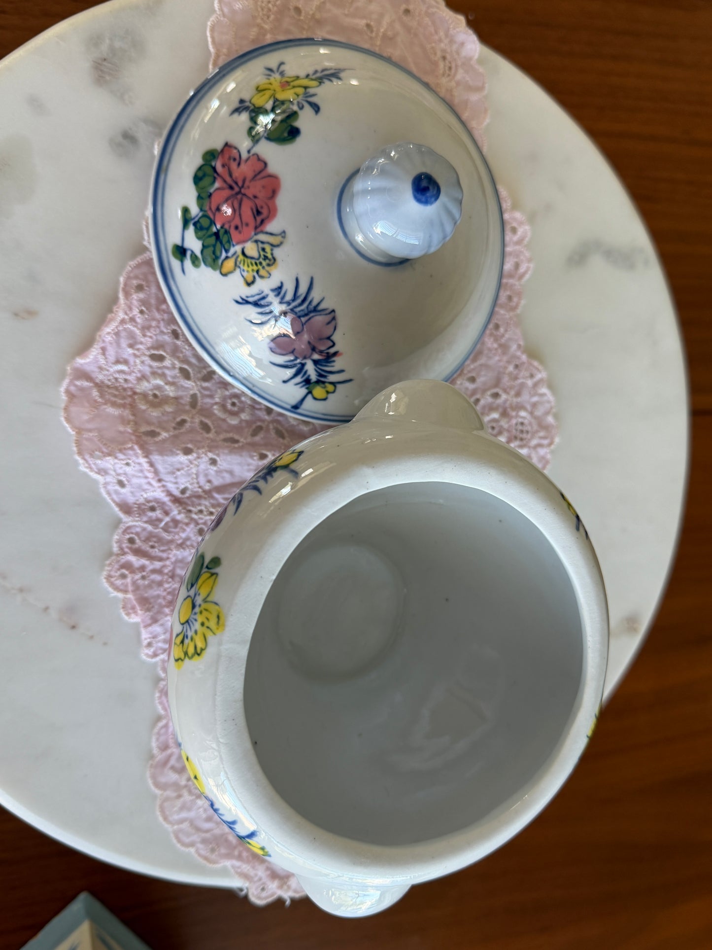 Vintage Hand Painted Porcelain Floral Footed Sugar Bowl with Lid