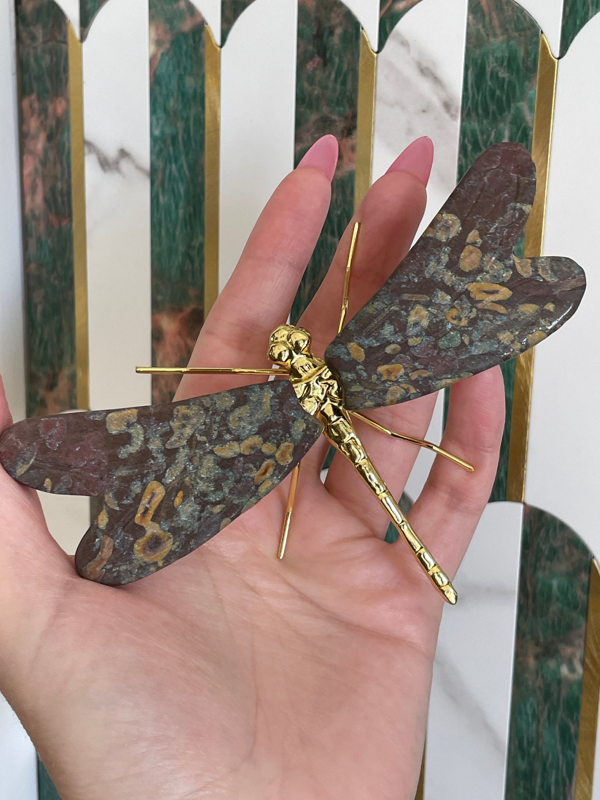 Rainforest Jasper Dragonfly Crystal Carving Natural Stone  Shimmer Art Spiritual Transformation Guide Spirit Guide Speckled Pattern Display Piece Meditation Space Accent Beautiful Mineral Specimen Sacred Space Enhancement Crystal