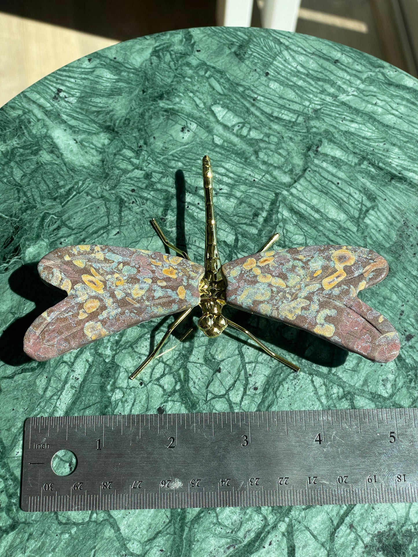 Rainforest Jasper Dragonfly Crystal Carving Natural Stone 5 inch Display Piece Shimmery Multicolor Speckled Wings Gold Metal Accented Design Spiritual Transformation Symbol Manifestation Focus Crystal Statement Collection Showcase Beautiful Wings