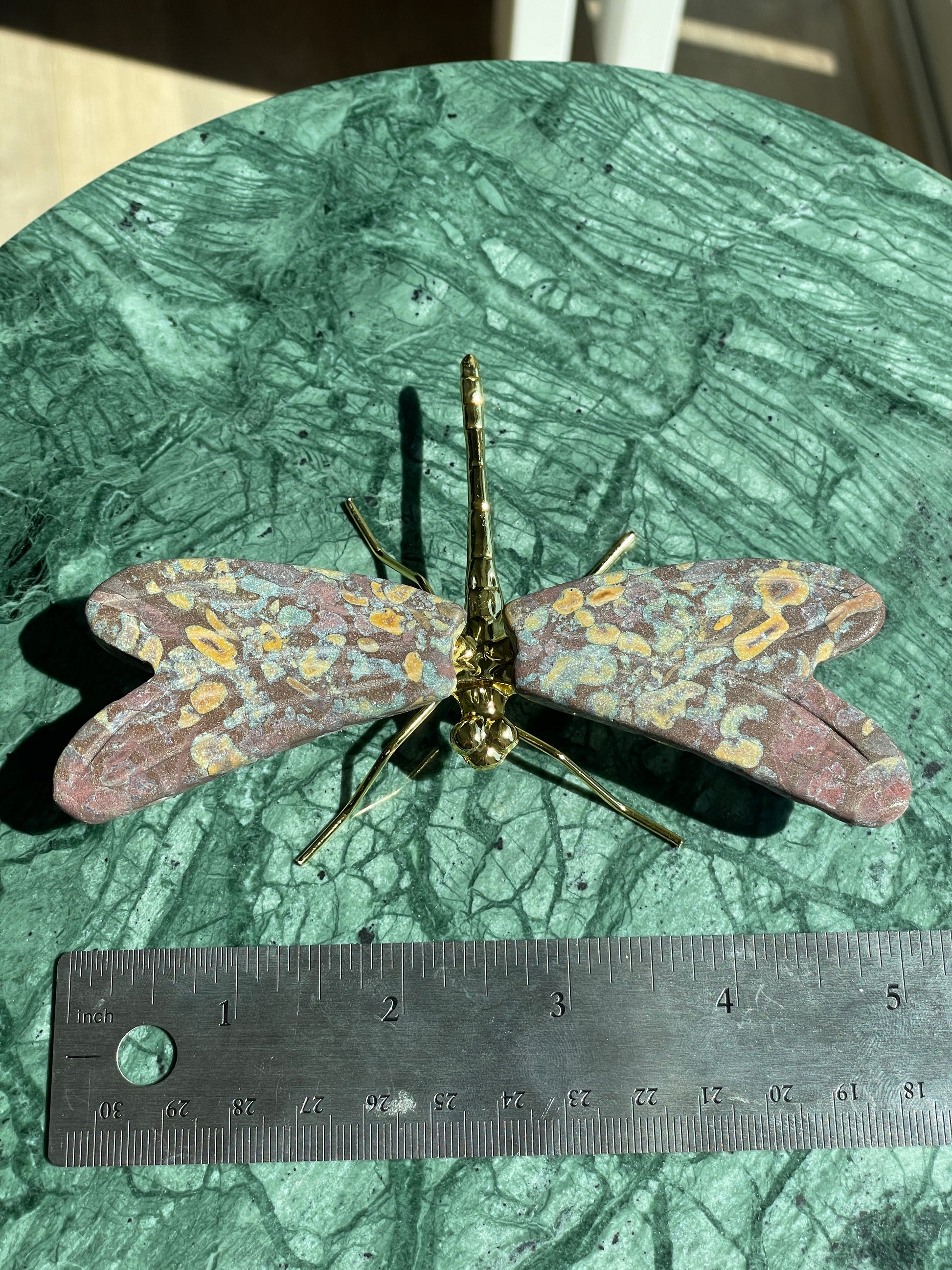 Rainforest Jasper Dragonfly Crystal Carving Natural Stone 5 inch Display Piece Shimmery Multicolor Speckled Wings Gold Metal Accented Design Spiritual Transformation Symbol Manifestation Focus Crystal Statement Collection Showcase Beautiful Wings