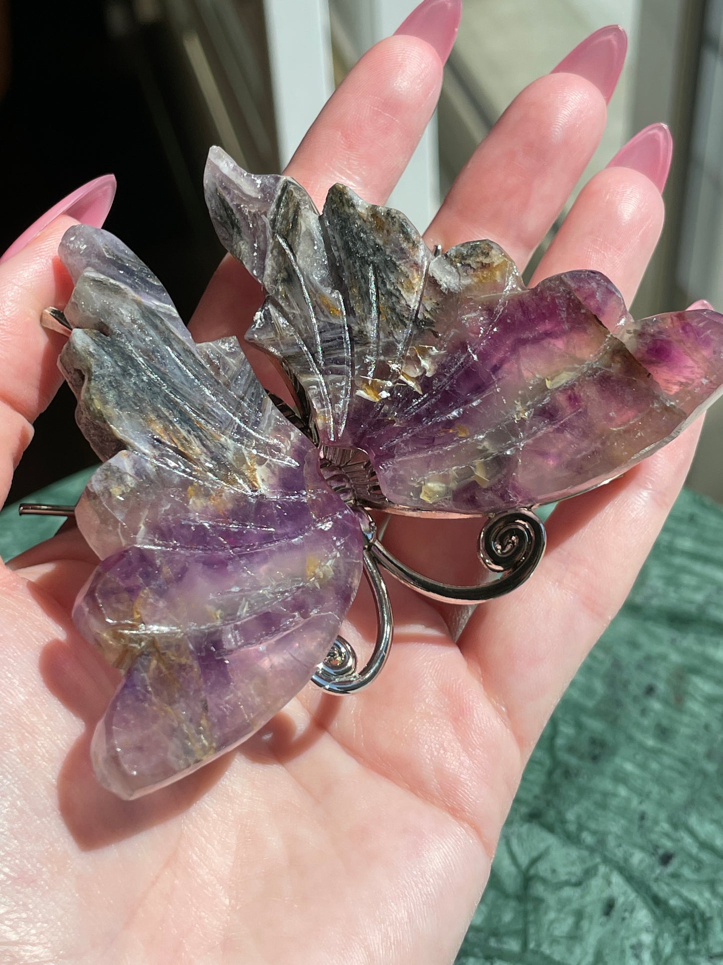 Feathered Root Fluorite Butterfly Crystal Carving Natural Stone Art Spiritual Transformation Guide Spirit Guide Purple Gold Pattern Display Piece Meditation Space Accent Beautiful Mineral Specimen Sacred Space Enhancement Crystal