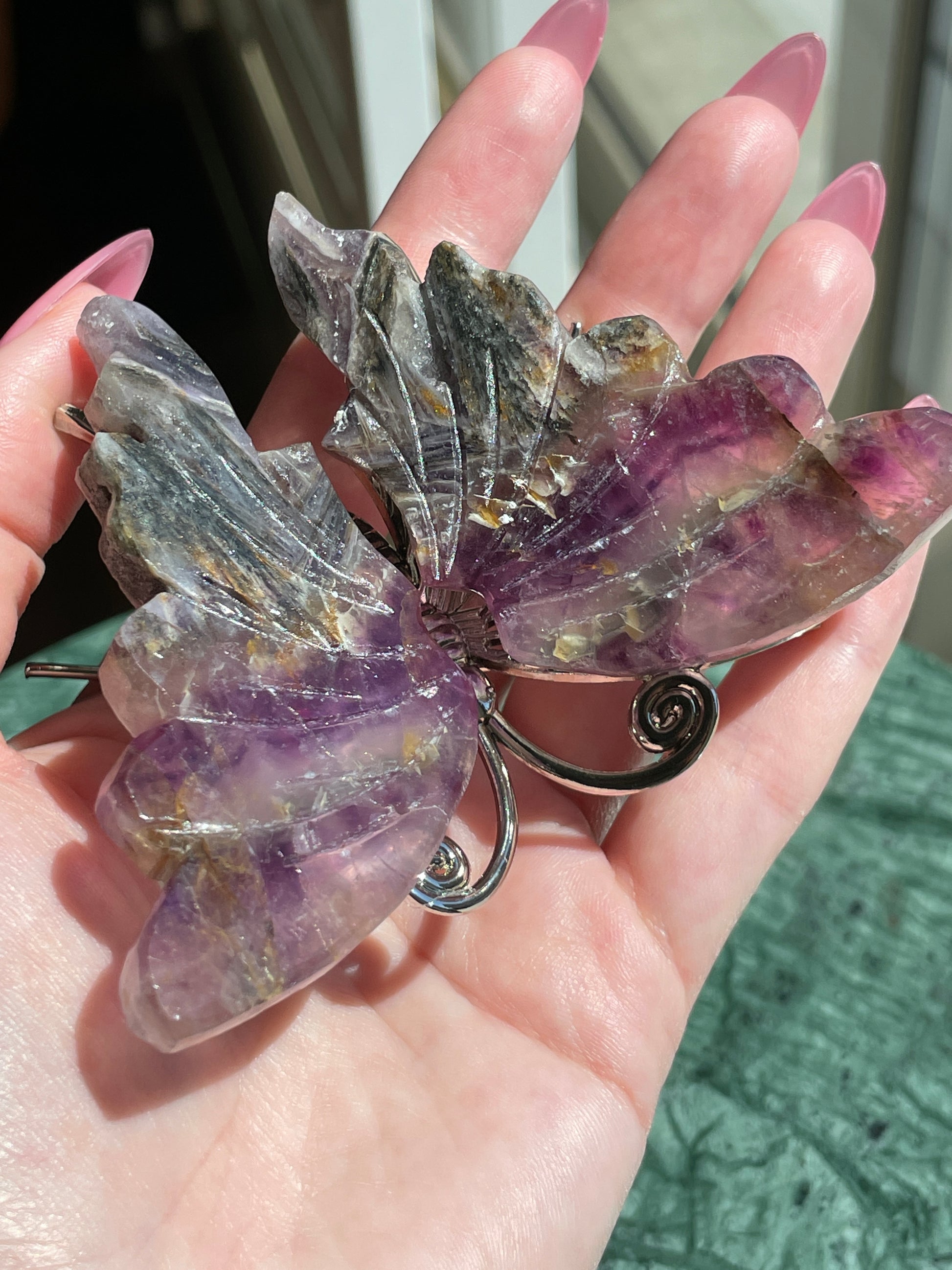 Feathered Root Fluorite Butterfly Crystal Carving Natural Stone Art Spiritual Transformation Guide Spirit Guide Purple Gold Pattern Display Piece Meditation Space Accent Beautiful Mineral Specimen Sacred Space Enhancement Crystal